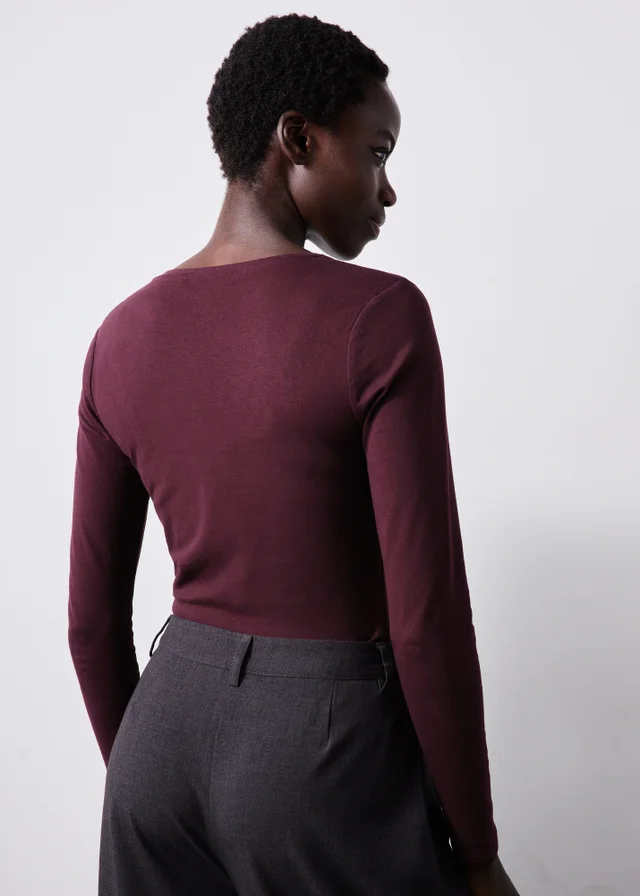 Burgundy Long Sleeve Fitted V-Neck Top