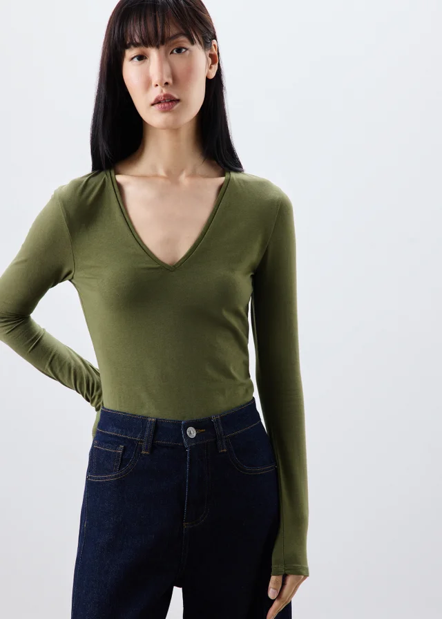 Khaki Green V Neck Top