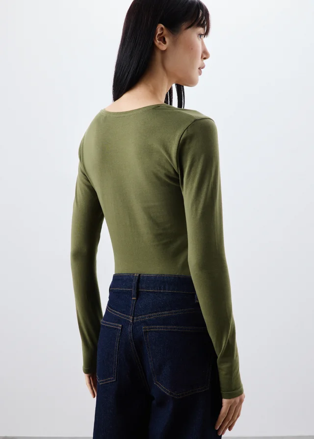 Khaki Green V Neck Top