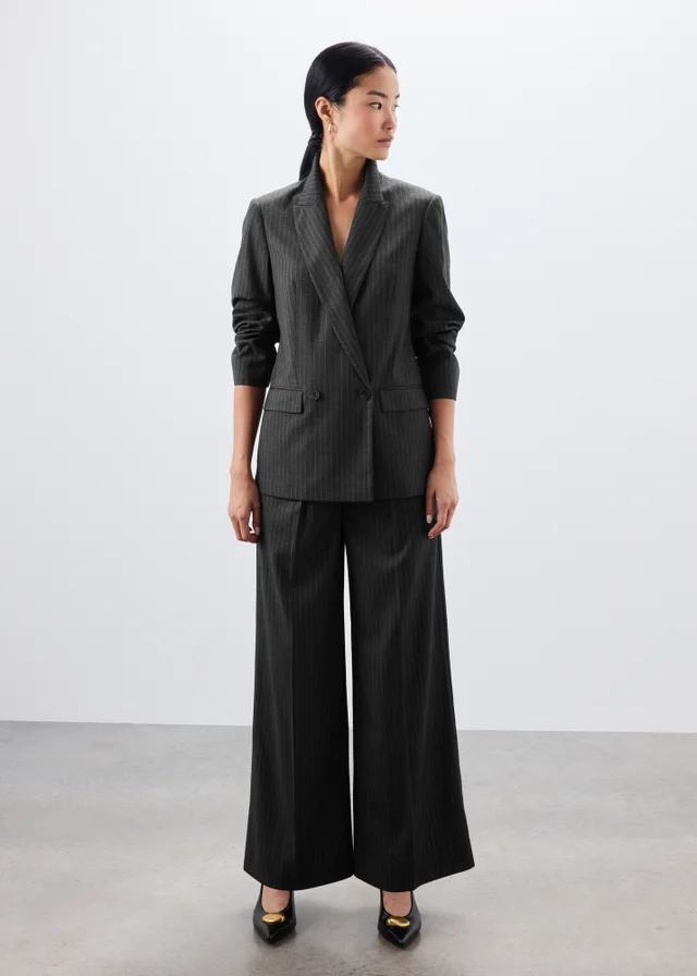 Grey Pinstripe Double Breasted Blazer