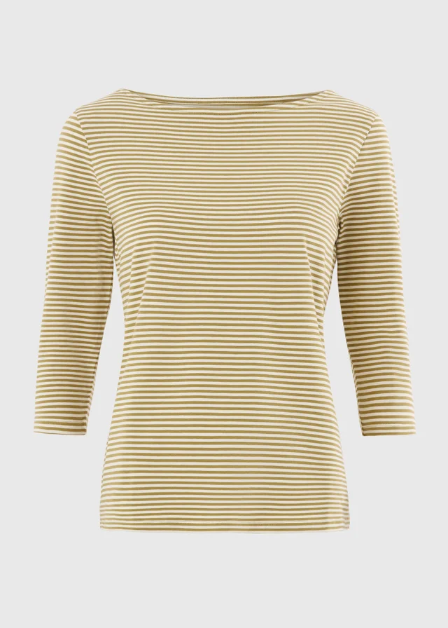 Olive Striped Fitted 3/4 Sleeve T-Shirt