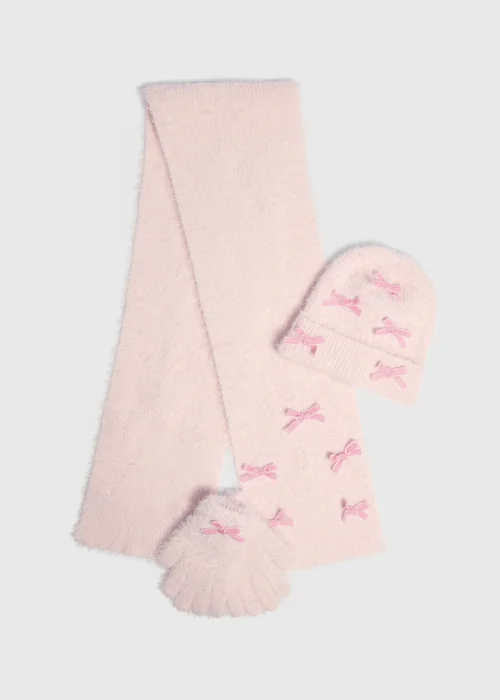 3 Piece Pink Bow Scarf Set - 7-10 Yrs Image 1