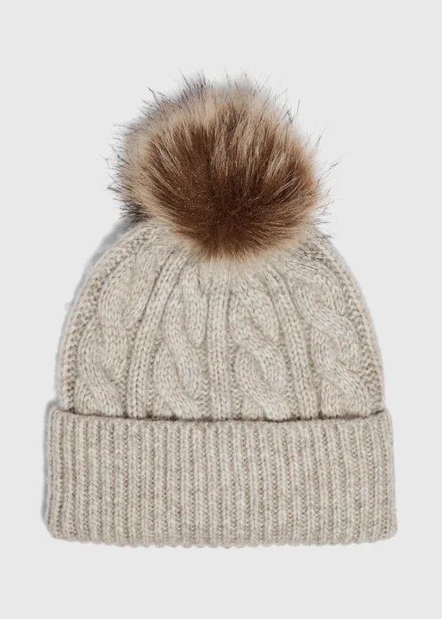 Oatmeal Cable Knit Pom Pom Beanie Hat - One Size Image 1