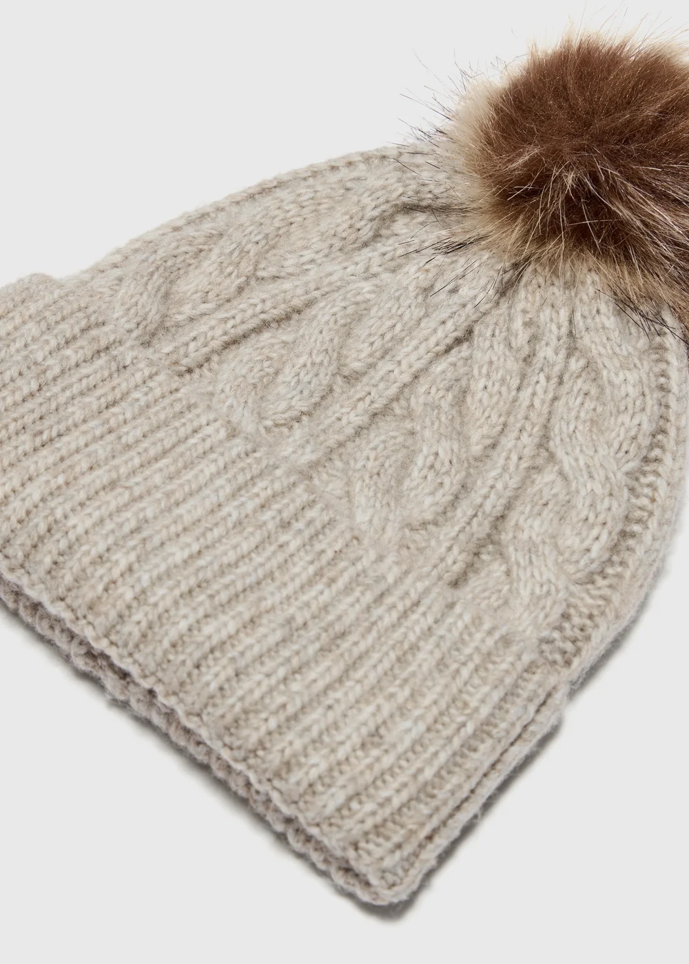 Oatmeal Cable Knit Pom Pom Beanie Hat - One Size Image 2