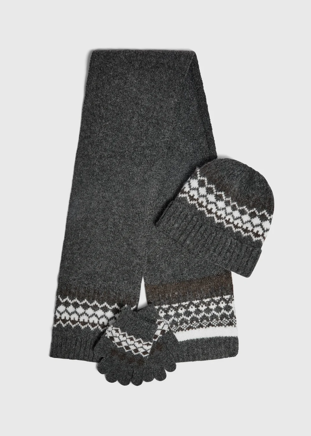 3 Piece Boys Charcoal Fairisle Hat, Scarf & Gloves Set (3-13yrs) - 7-10 Yrs Image 1