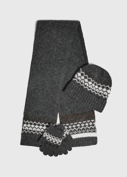 3 Piece Boys Charcoal Fairisle Hat, Scarf & Gloves Set (3-13yrs) - 7-10 Yrs Image 1