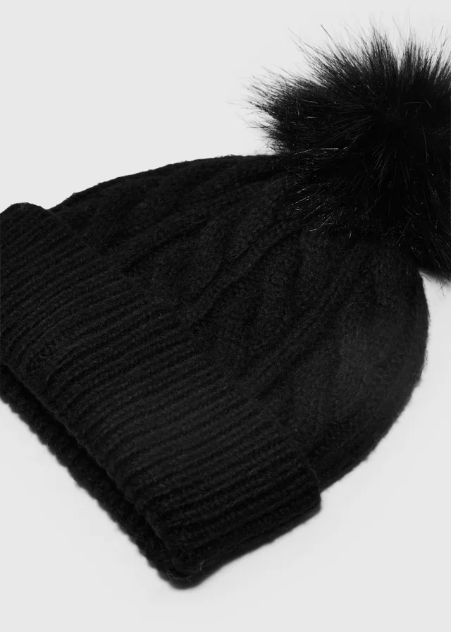 Black Cable Knit Bobble Hat