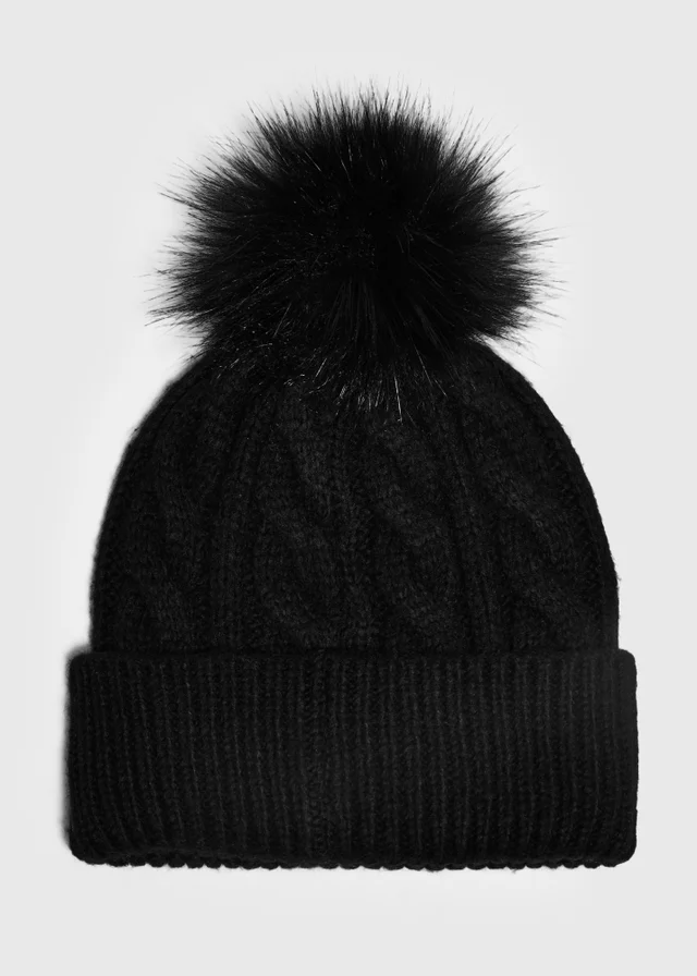 Black Cable Knit Bobble Hat