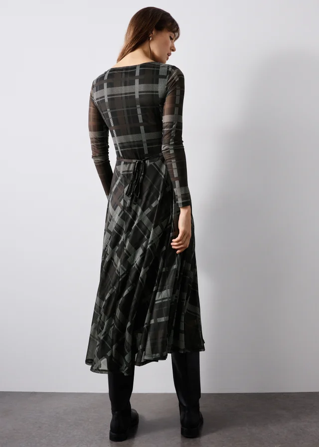 Brown Check Mesh Midi Dress