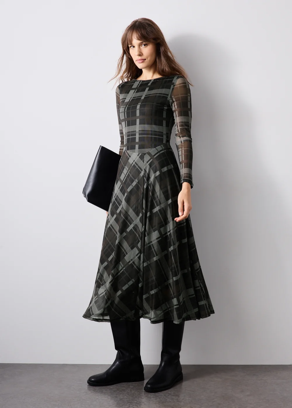 Brown Check Mesh Midi Dress - 8 Image 4