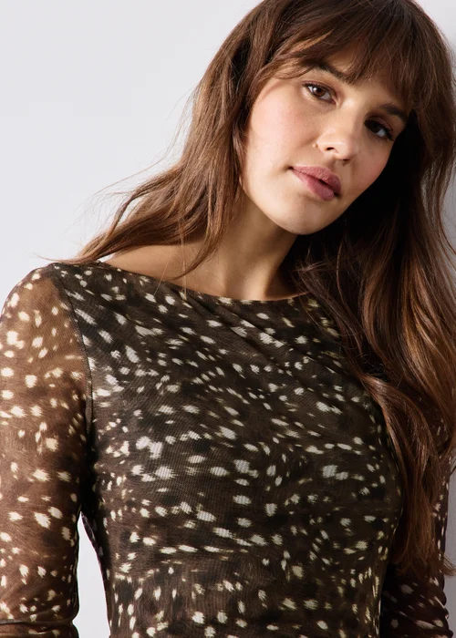 Brown Deer Print Animal Mesh Midi Dress - 8 Image 3