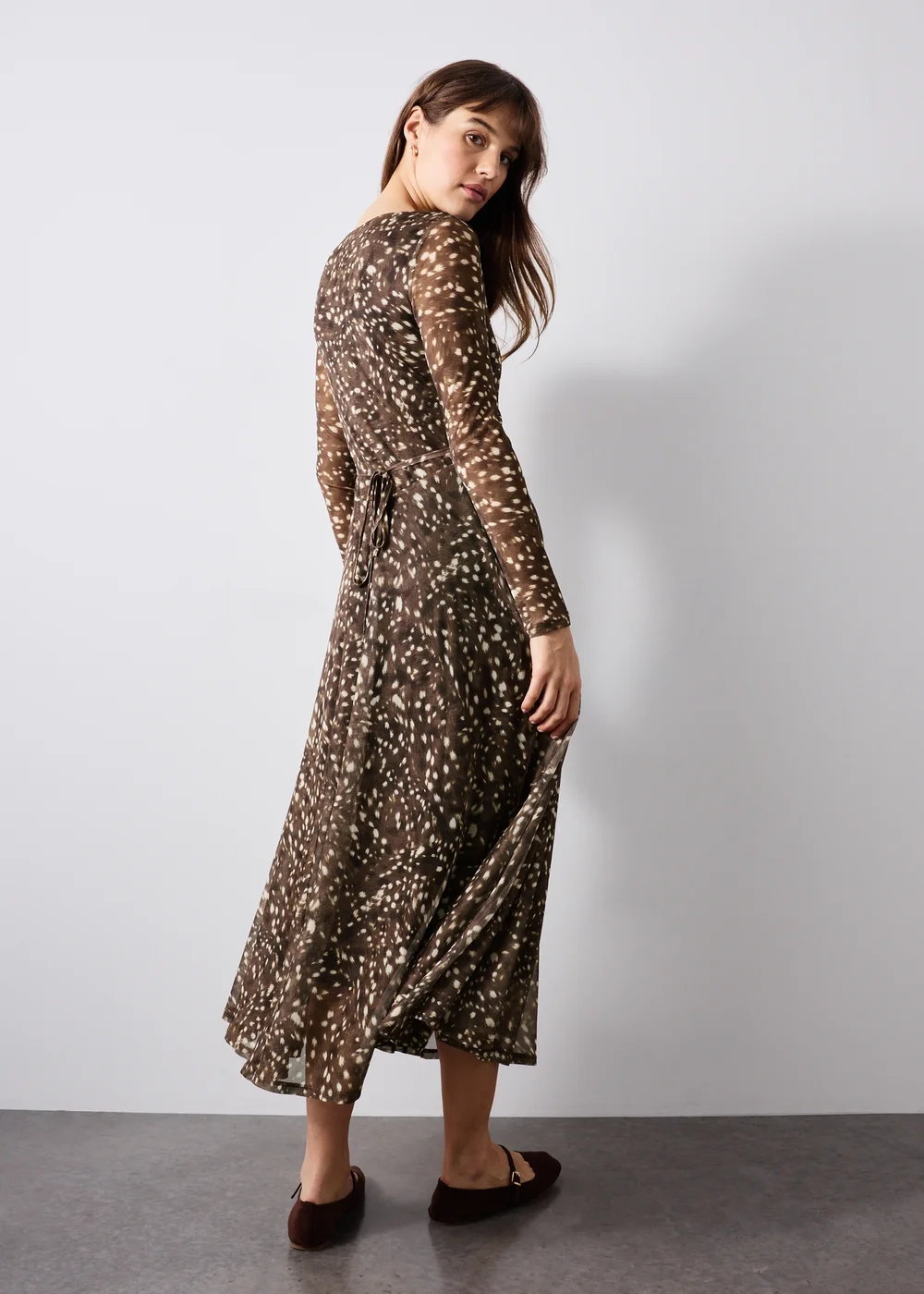 Brown Deer Print Animal Mesh Midi Dress - 8 Image 2