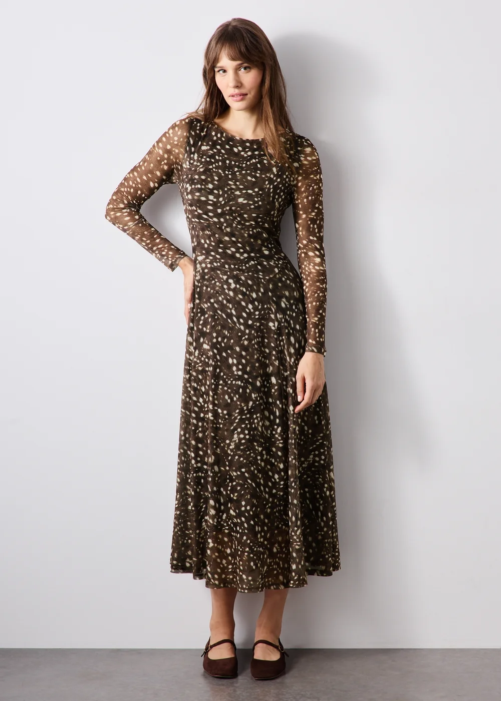 Brown Deer Print Animal Mesh Midi Dress - 8 Image 1
