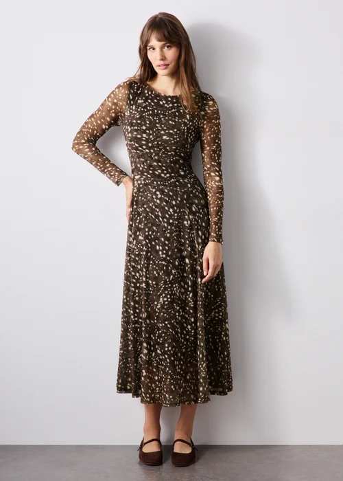 Brown Deer Print Animal Mesh Midi Dress - 8 Image 1