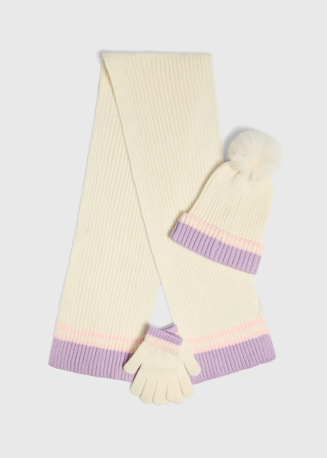 Girls' Cream Knitted Hat, Scarf & Gloves Set (3-13 Yrs)