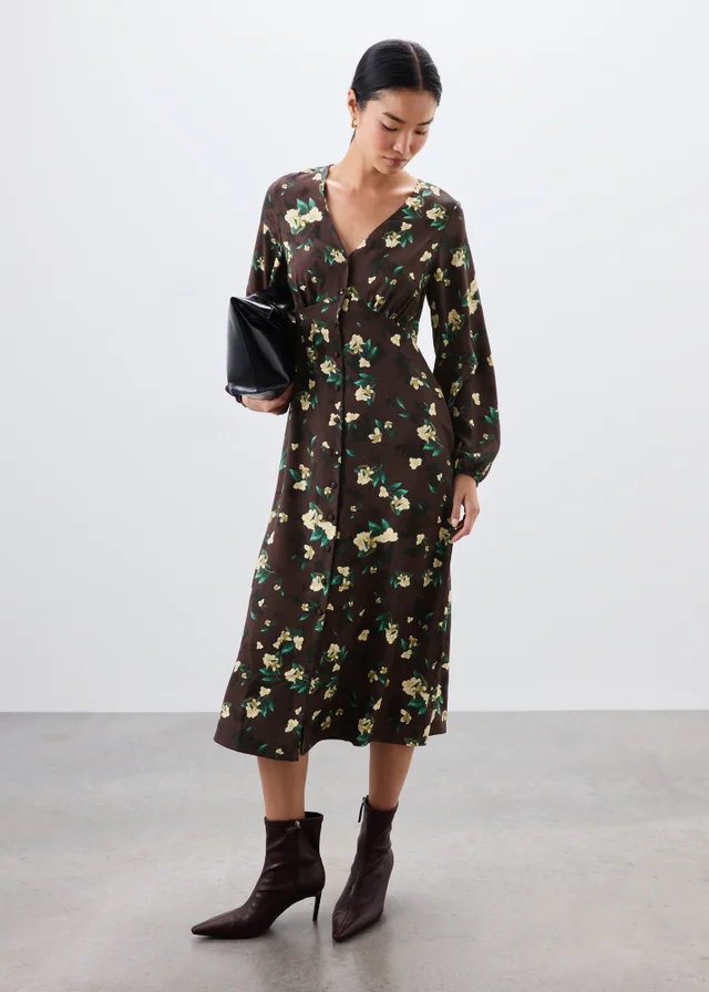 Brown Floral Midaxi Shirt Dress