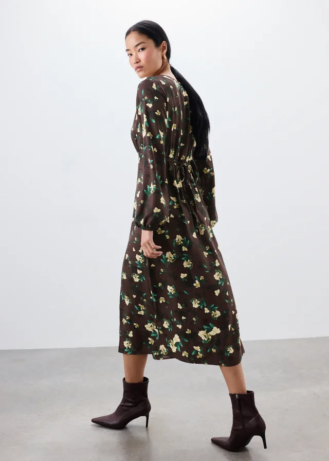 Brown Floral Midaxi Shirt Dress