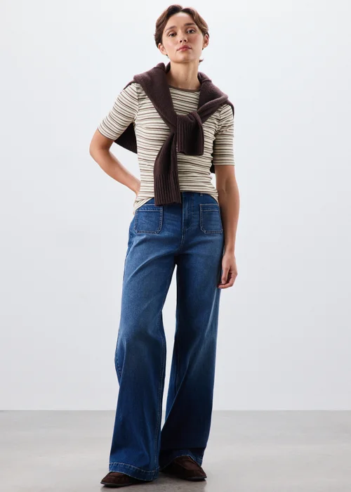Cream Brown Stripe Ribbed Fitted T-Shirt - 10 Image 2