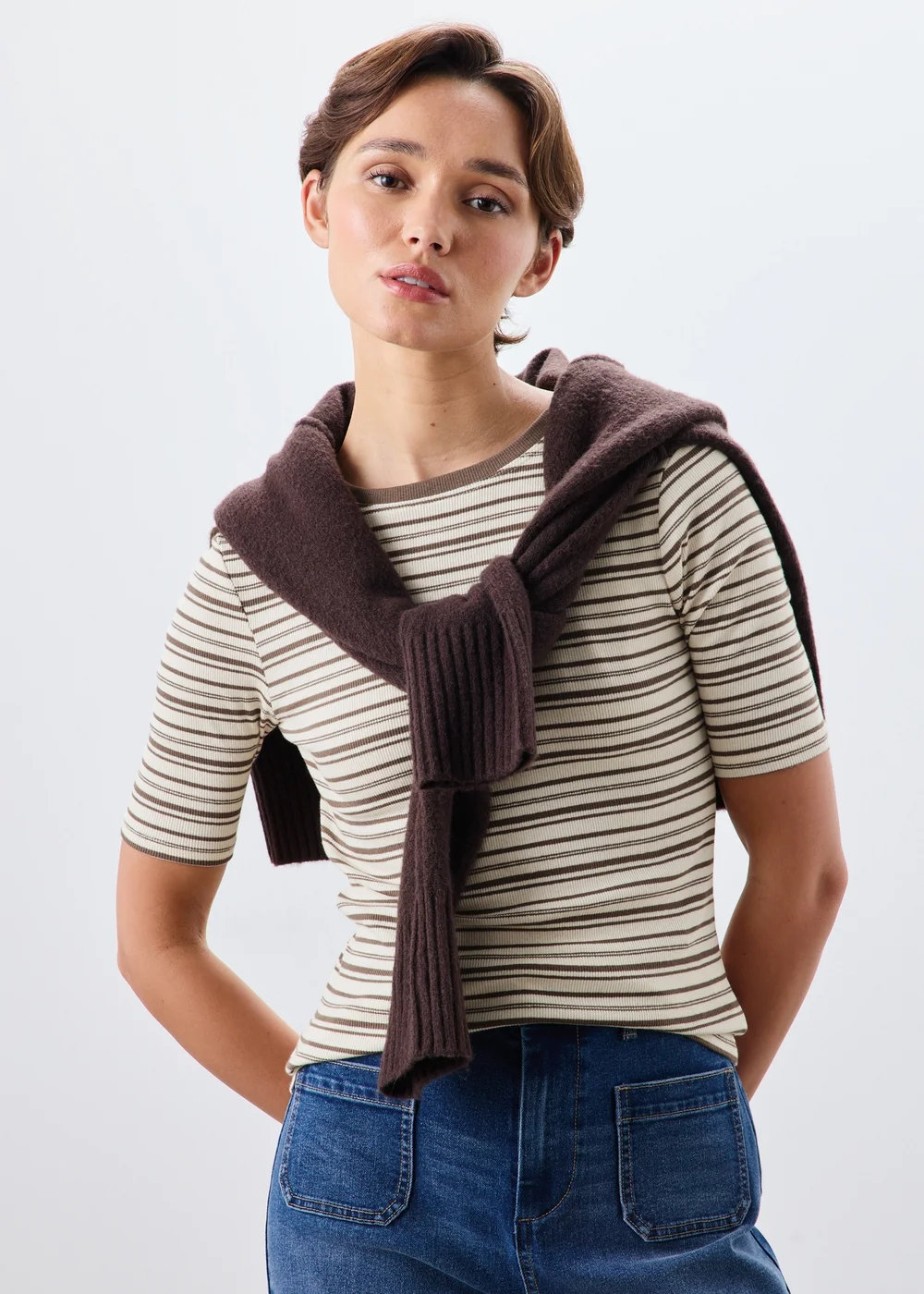 Cream Brown Stripe Ribbed Fitted T-Shirt - 10 Image 1
