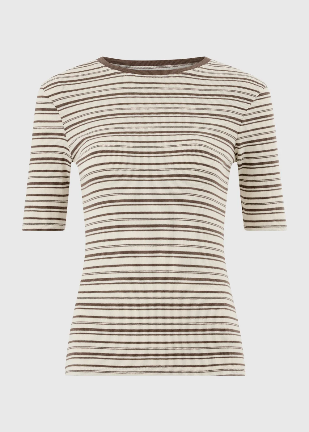 Cream Brown Stripe Ribbed Fitted T-Shirt - 10 Image 5