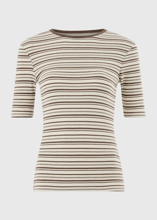 Cream Brown Stripe Ribbed Fitted T-Shirt - 10 Image 5
