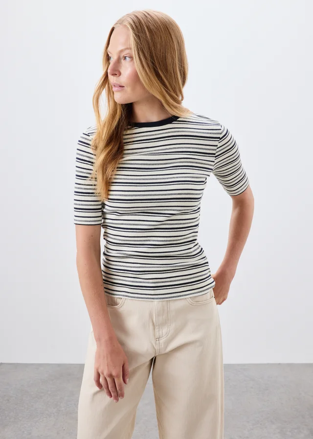 Navy Stripe Crew Neck Fitted Top
