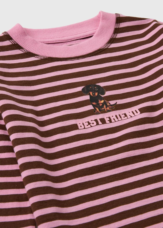 Girls Pink Stripe Dog T-Shirt (7-16yrs)