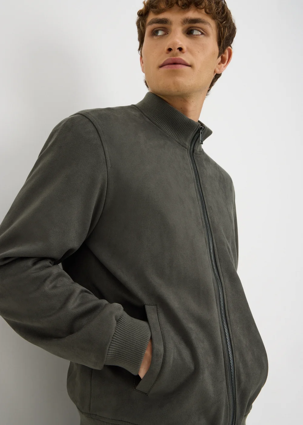 Grey Faux Suede Bomber Jacket - XS Image 3