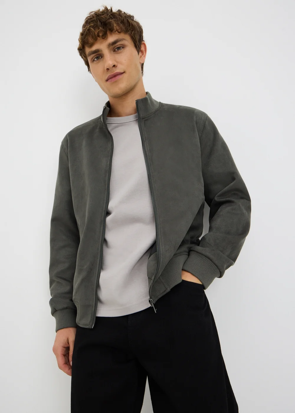 Grey Faux Suede Bomber Jacket - XS Image 1