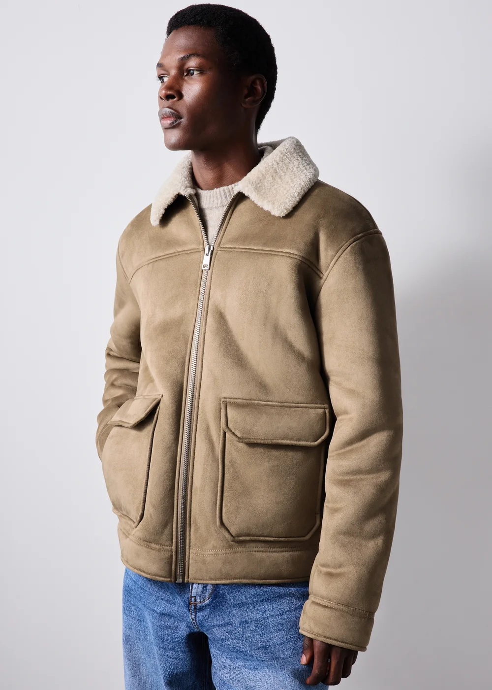 Stone Faux Suede Shearling Jacket - XS Image 2