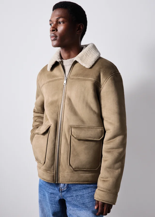 Stone Faux Suede Shearling Jacket