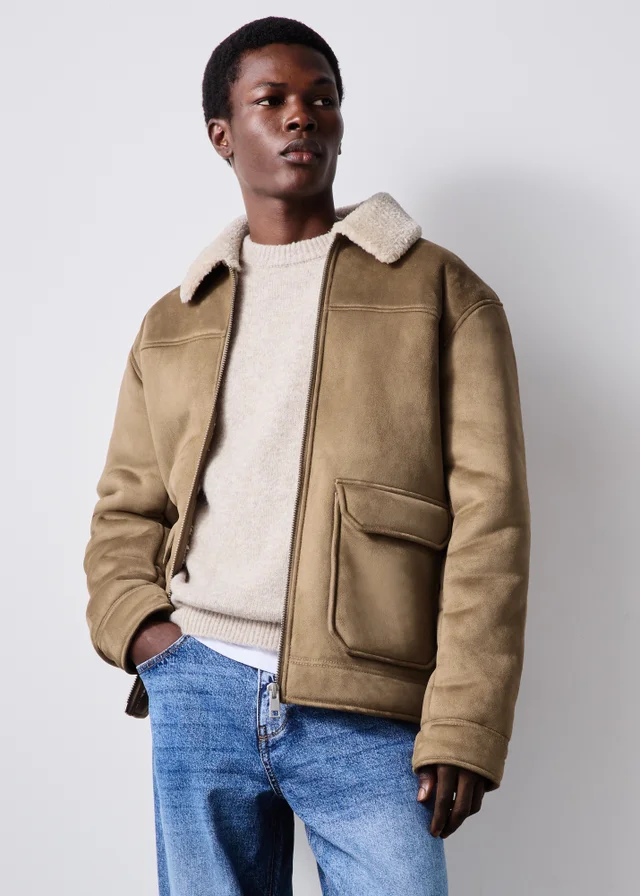 Stone Faux Suede Shearling Jacket