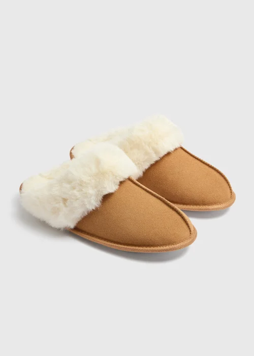 Tan Suede Fur Lined Mule Slippers - S Image 1