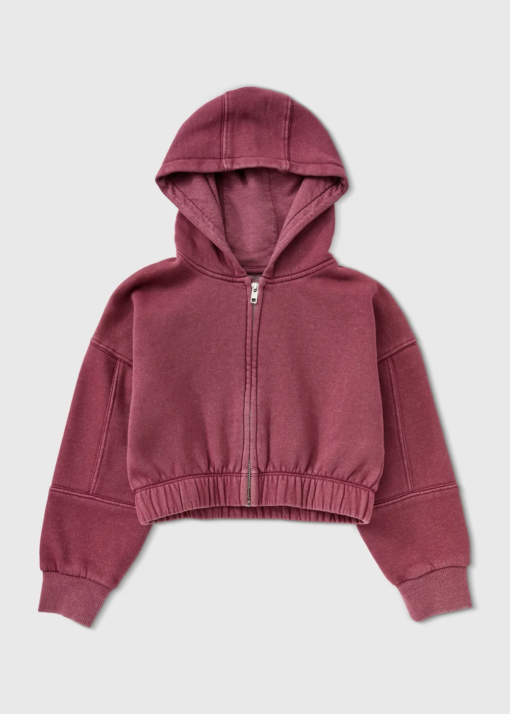 Girls Burgundy Acid Wash Cropped Zip Hoodie (7-15yrs) - 7 Yrs Image 1