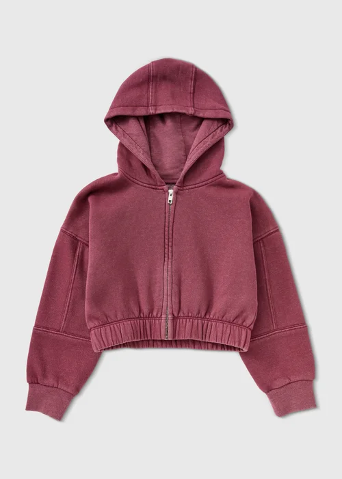 Girls Burgundy Acid Wash Cropped Zip Hoodie (7-15yrs) - 7 Yrs Image 1