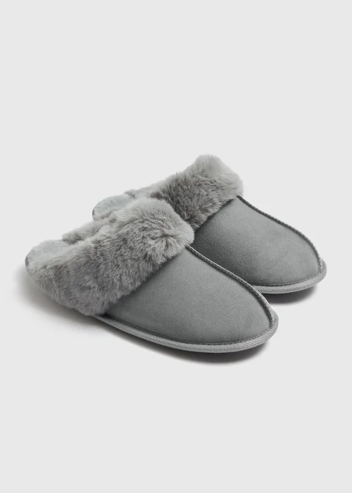 Grey Faux Fur Mule Slippers - S Image 1