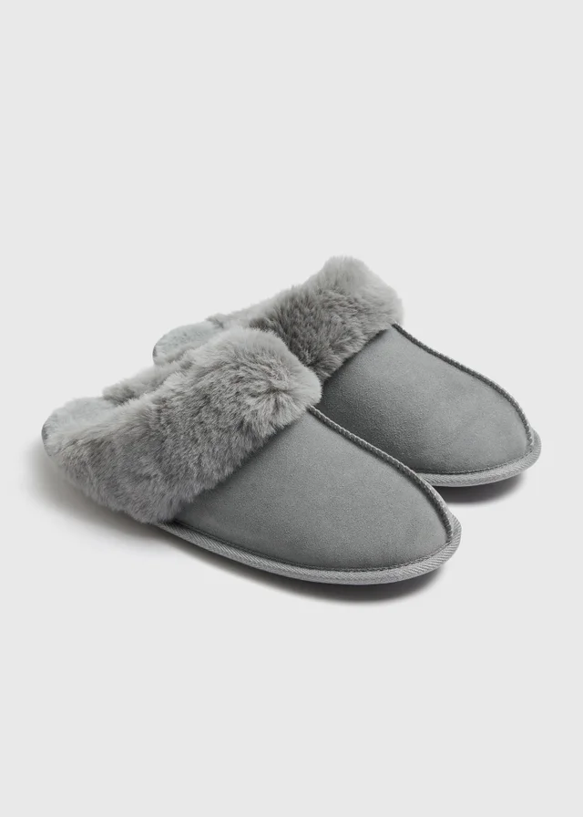 Grey Faux Fur Mule Slippers
