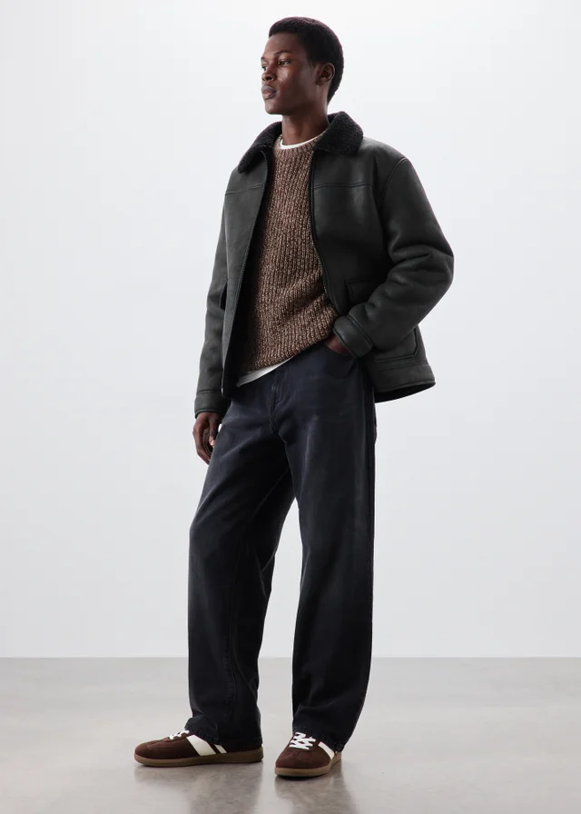 Black Faux Suede Shearling Jacket