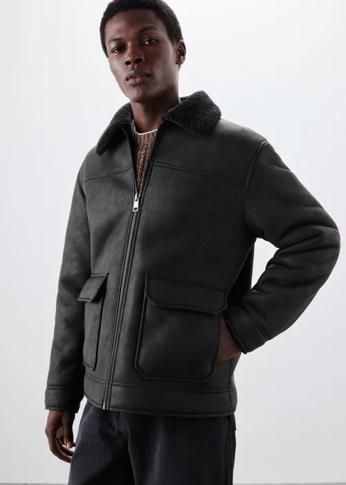Black Faux Suede Shearling Jacket - XS Image 1