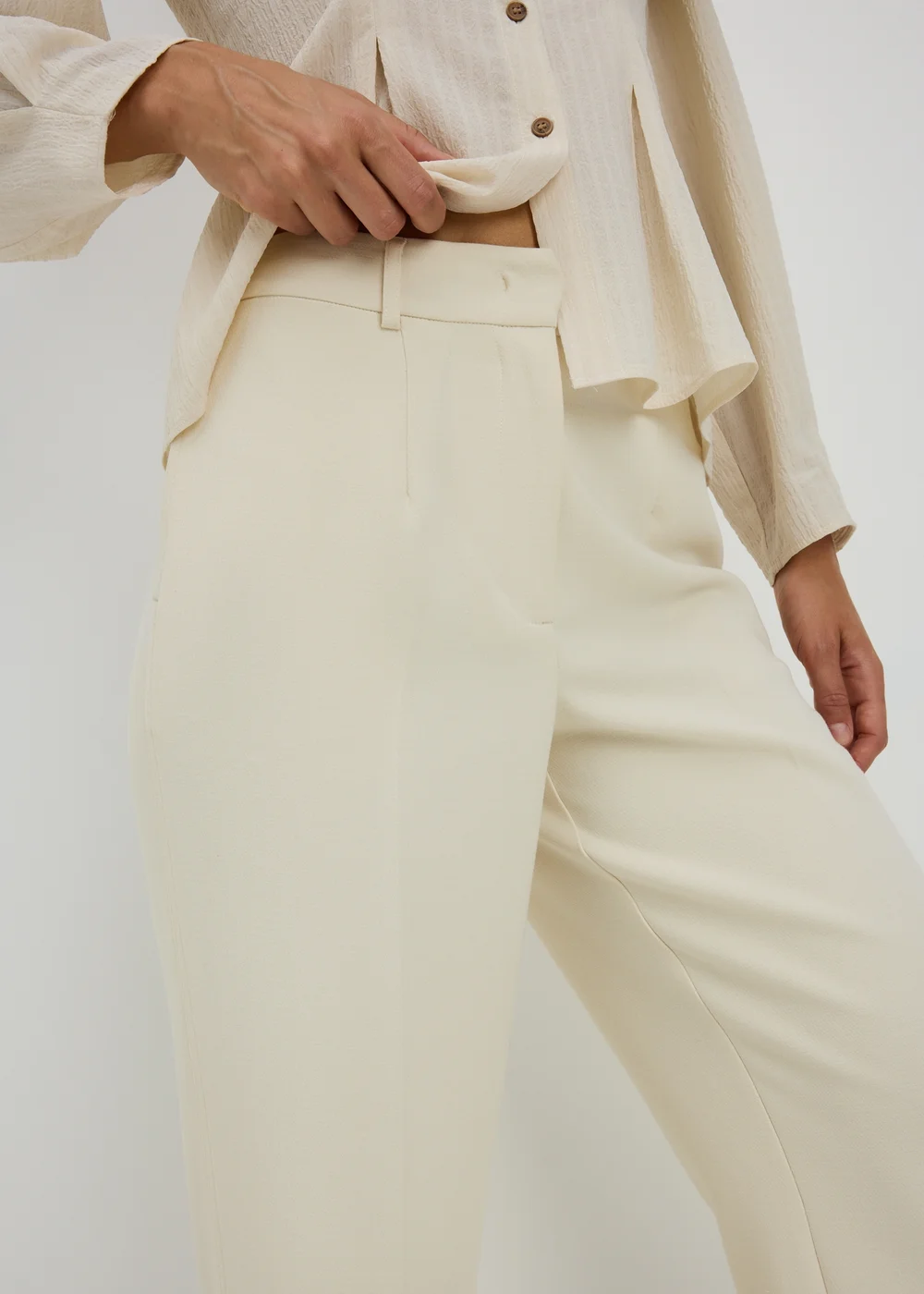 Cream Textured Woven Wide Leg Trousers - 8/L29 Image 3