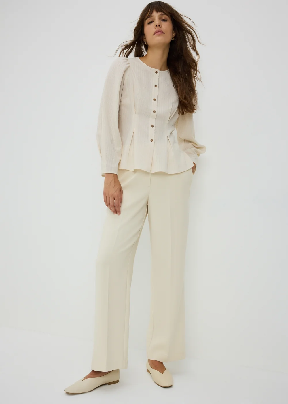 Cream Textured Woven Wide Leg Trousers - 8/L29 Image 1