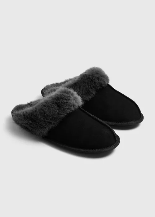 Black Faux Fur Mule Slippers - S Image 1