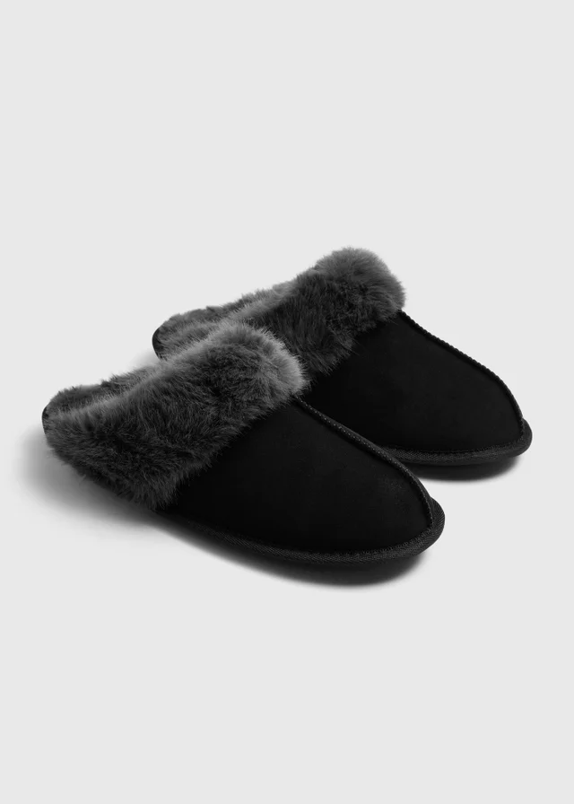 Black Faux Fur Mule Slippers