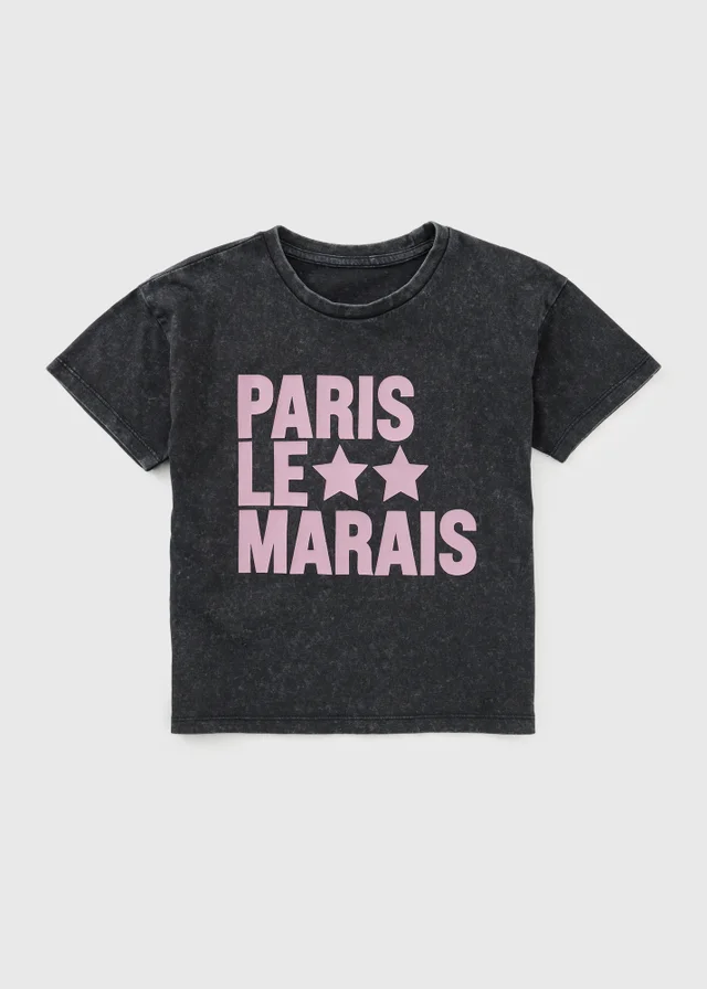 Girls Black Acid Wash Printed T-Shirt (7-15yrs)