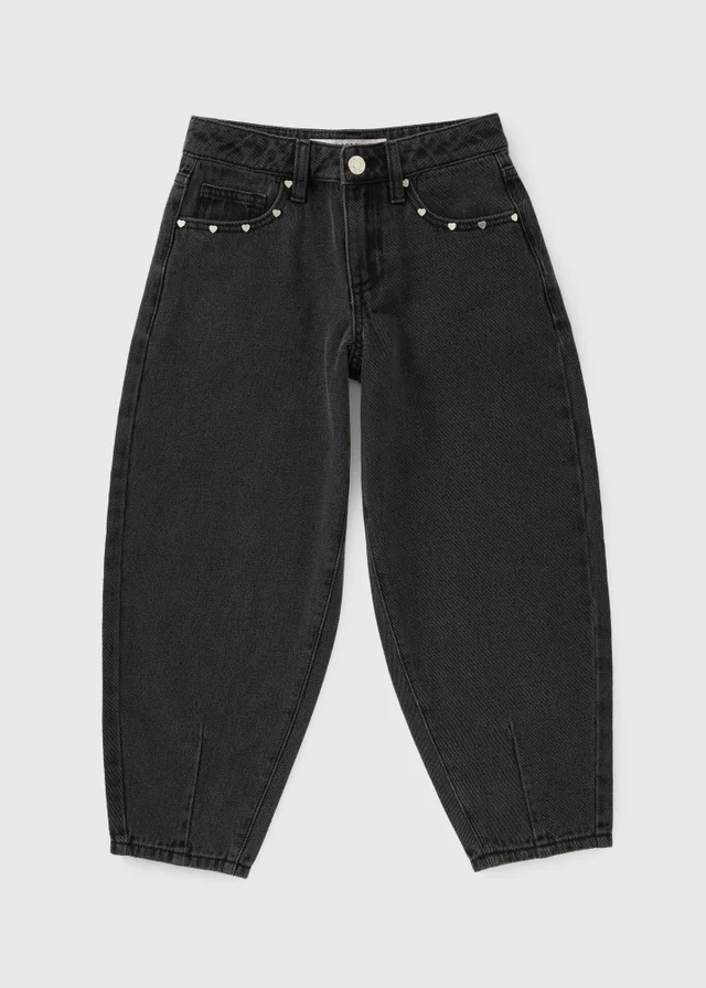 Girls Black Stud Detail Barrel Leg Jeans (7-15yrs)