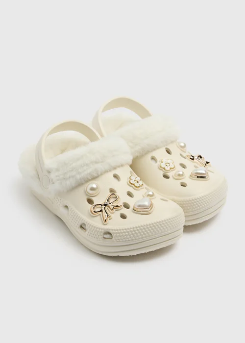 Girl Cream Pearl Bow Clogs (Younger 8-Older 6) - 8-9 Infants Image 1