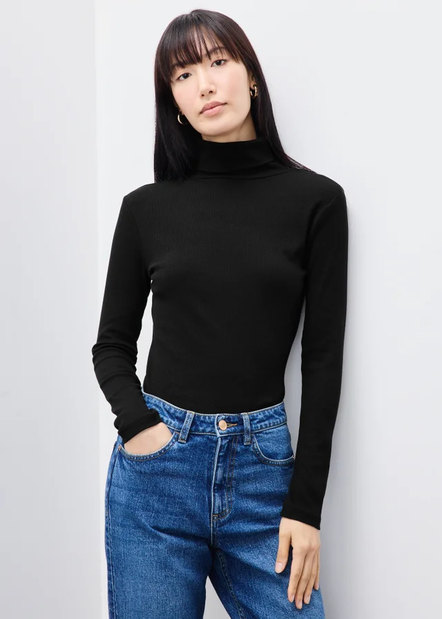 Black Ribbed Roll Neck Top