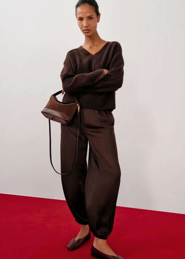 Chocolate Brown Satin Co-Ord Balloon Trousers