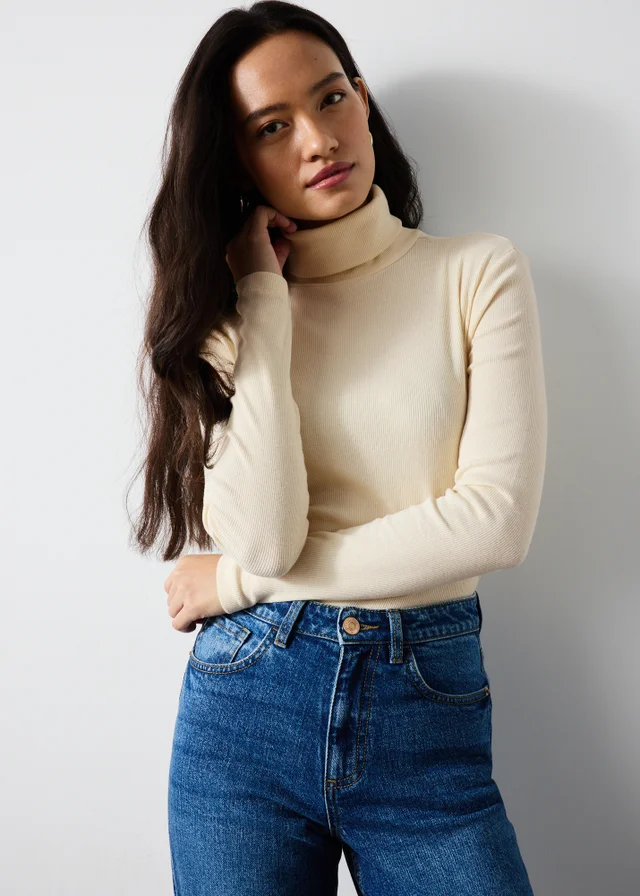 Cream Ribbed Roll Neck Top