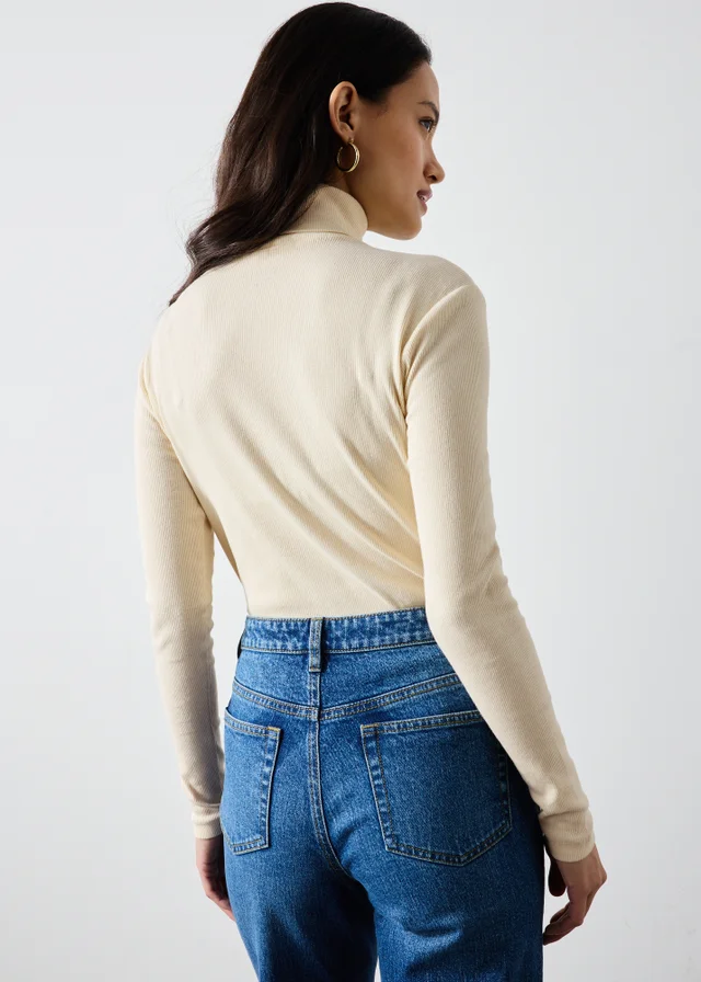 Cream Ribbed Roll Neck Top
